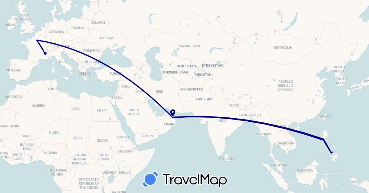 TravelMap itinerary: driving in France, Oman, Philippines (Asia, Europe)